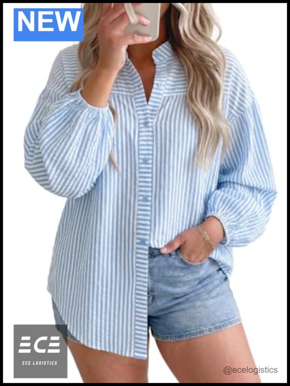 Plus Size Striped Button Down Shirt Long Sleeve Puff V Neck Blouse